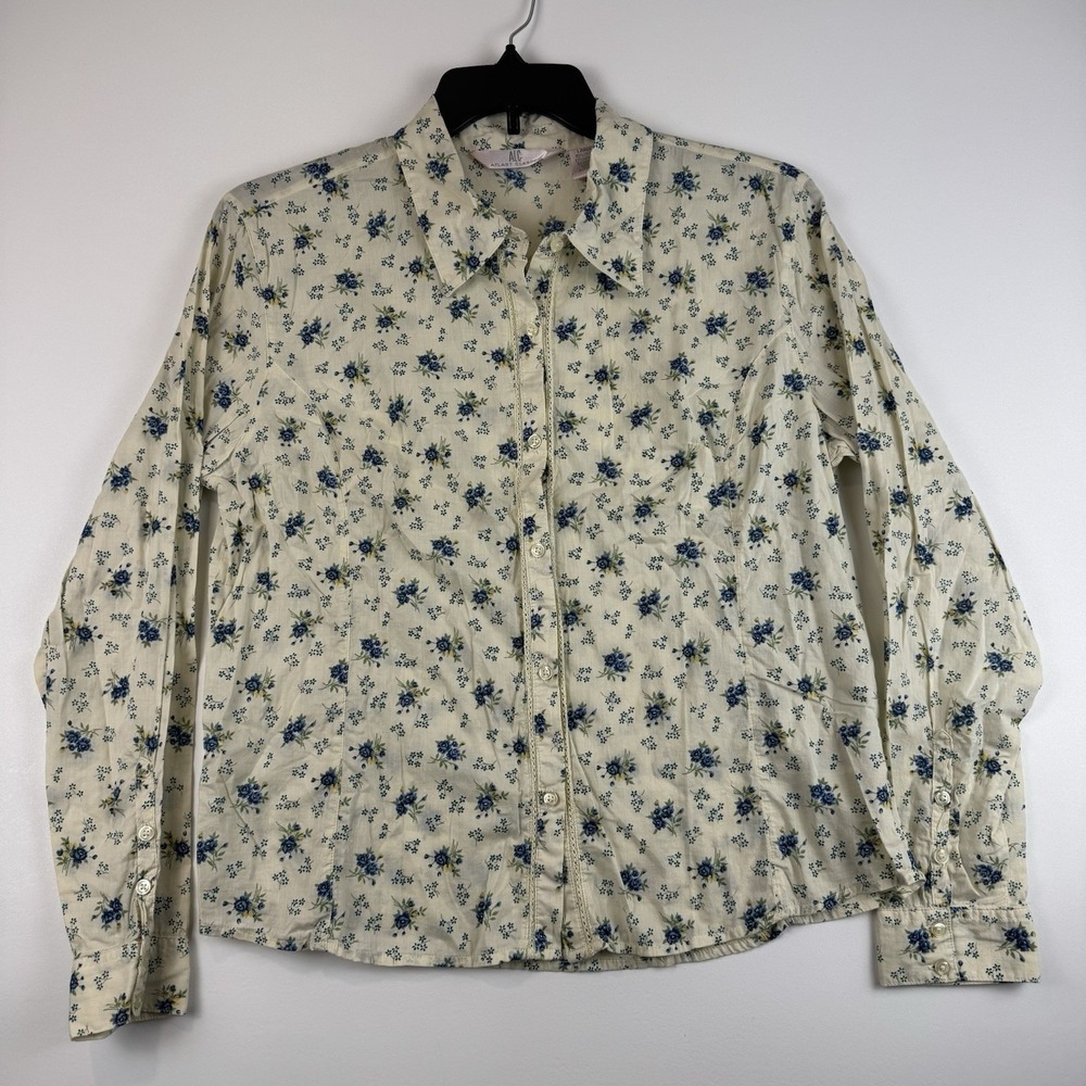 Atlast Classics Womens L‎ Floral Button Down Shirt Cotton Lace Trim Cream Blue*